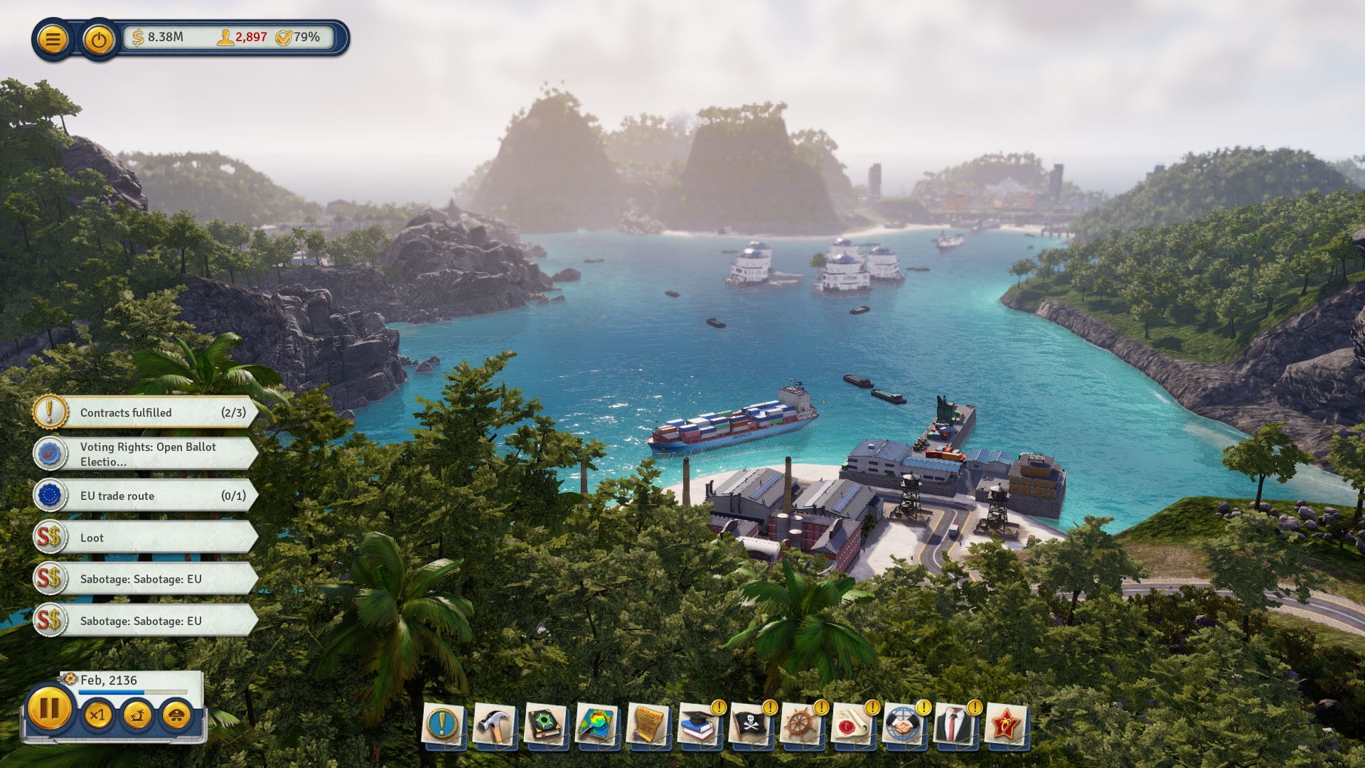 Tropico 6: Hafenbucht mit Schiffen und geöffneten Menüs