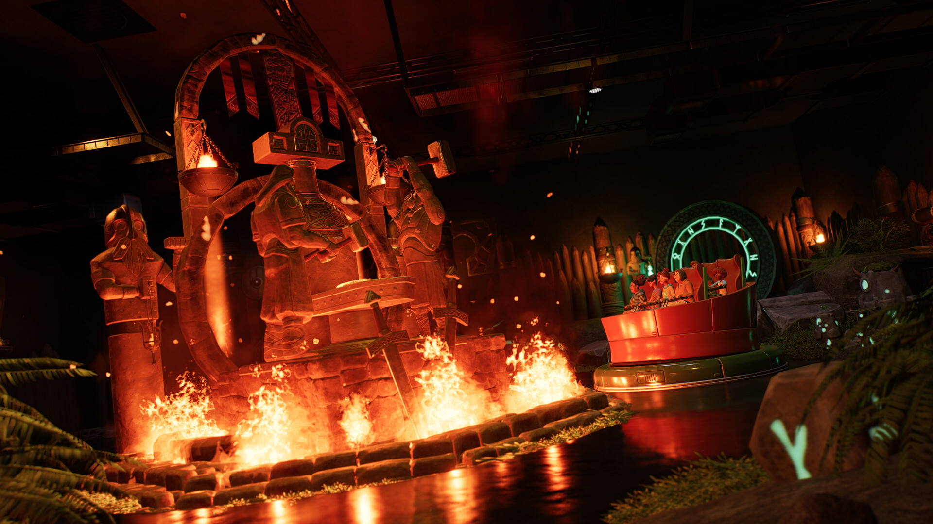 Planet Coaster 2: Eine Burg mit Feuer und Lichteffekten bei Nacht