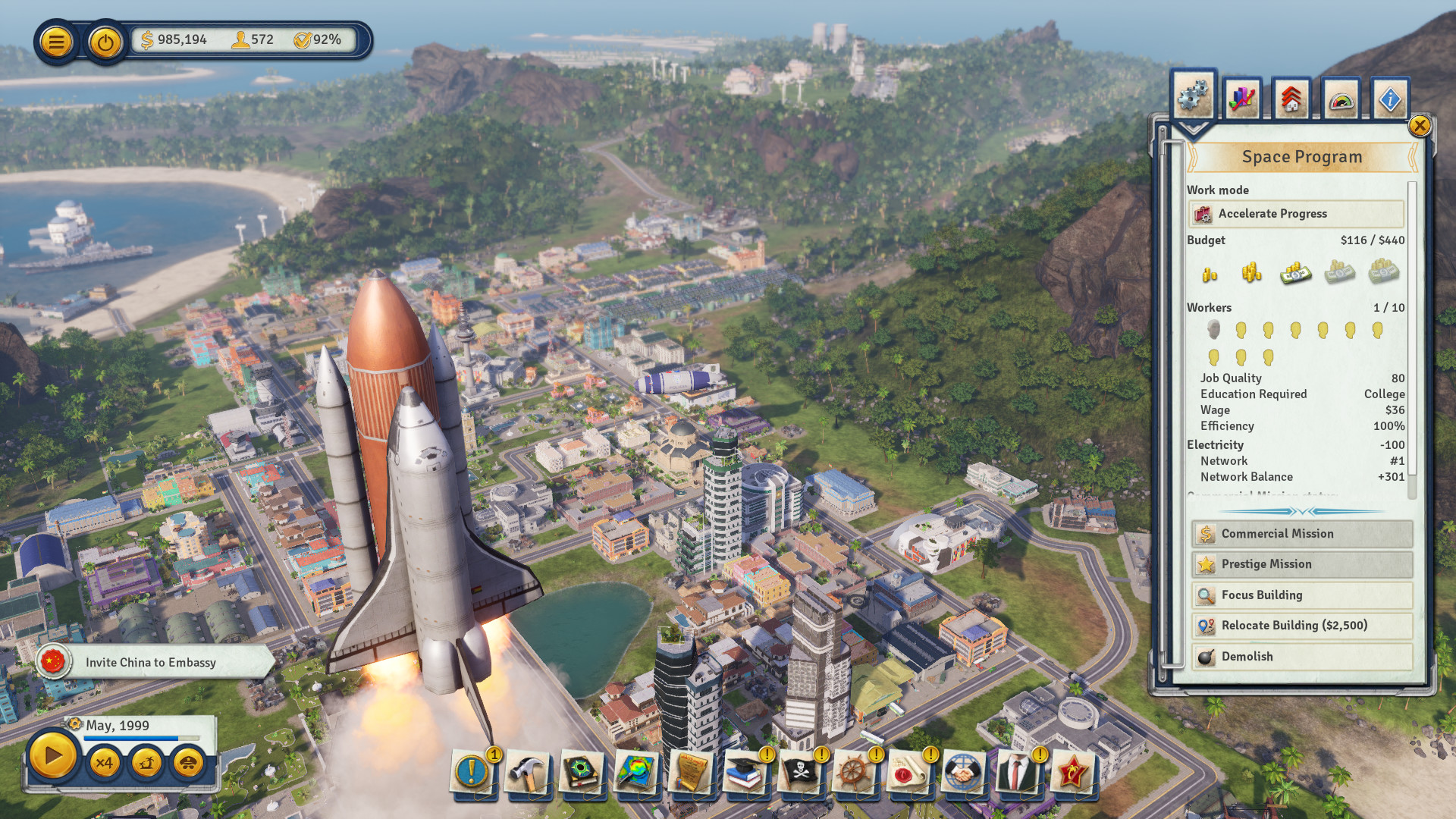 Tropico 6: Ein Raketenstart mitten in der Stadt mit geöffnetem Menü