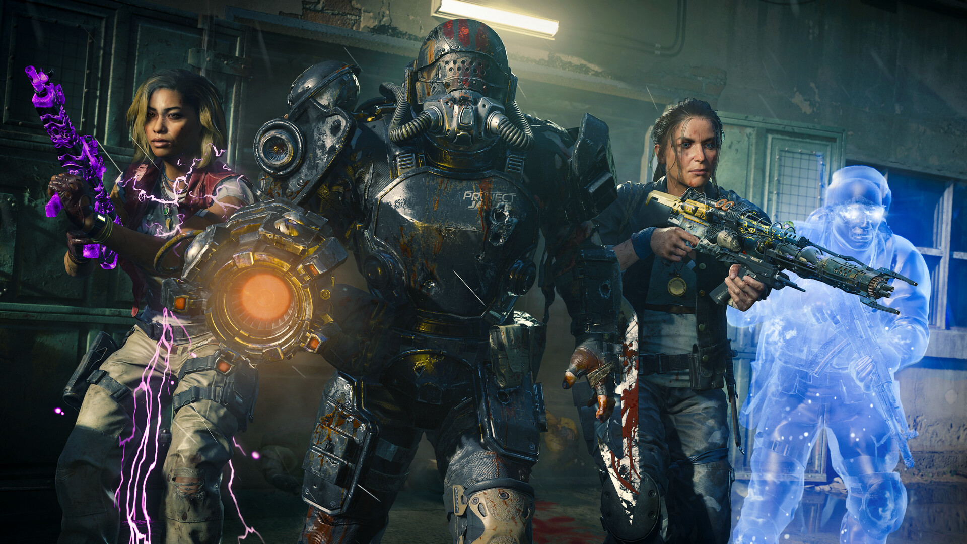 Call of Duty: Black Ops 6: Vier Zombies-Spieler in Kampfmontur mit leuchtender Wunderwaffe