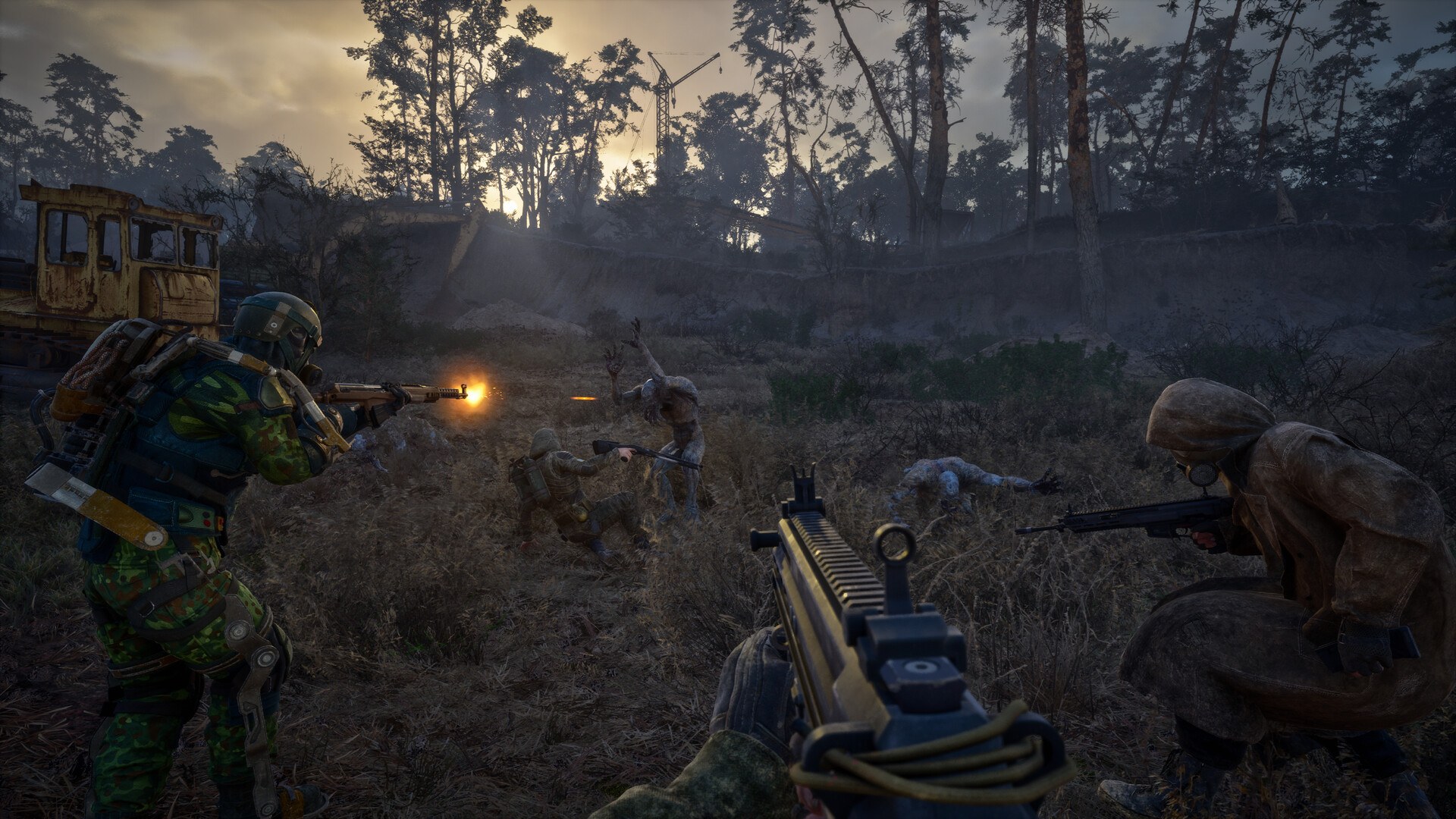 Stalker 2 Update 2.1 – Stalker-Trupp im Feuergefecht bei Sonnenuntergang