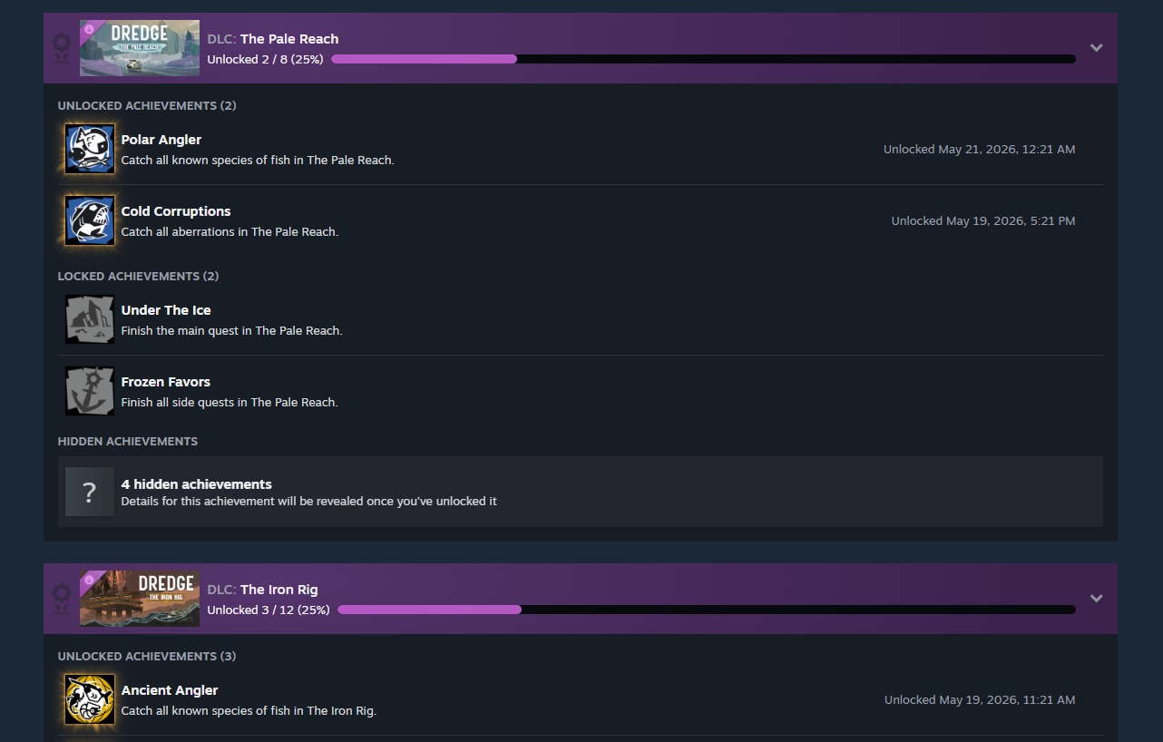 DLC-Achievement-Sets von DREDGE mit lila Fortschrittsbalken auf Steam