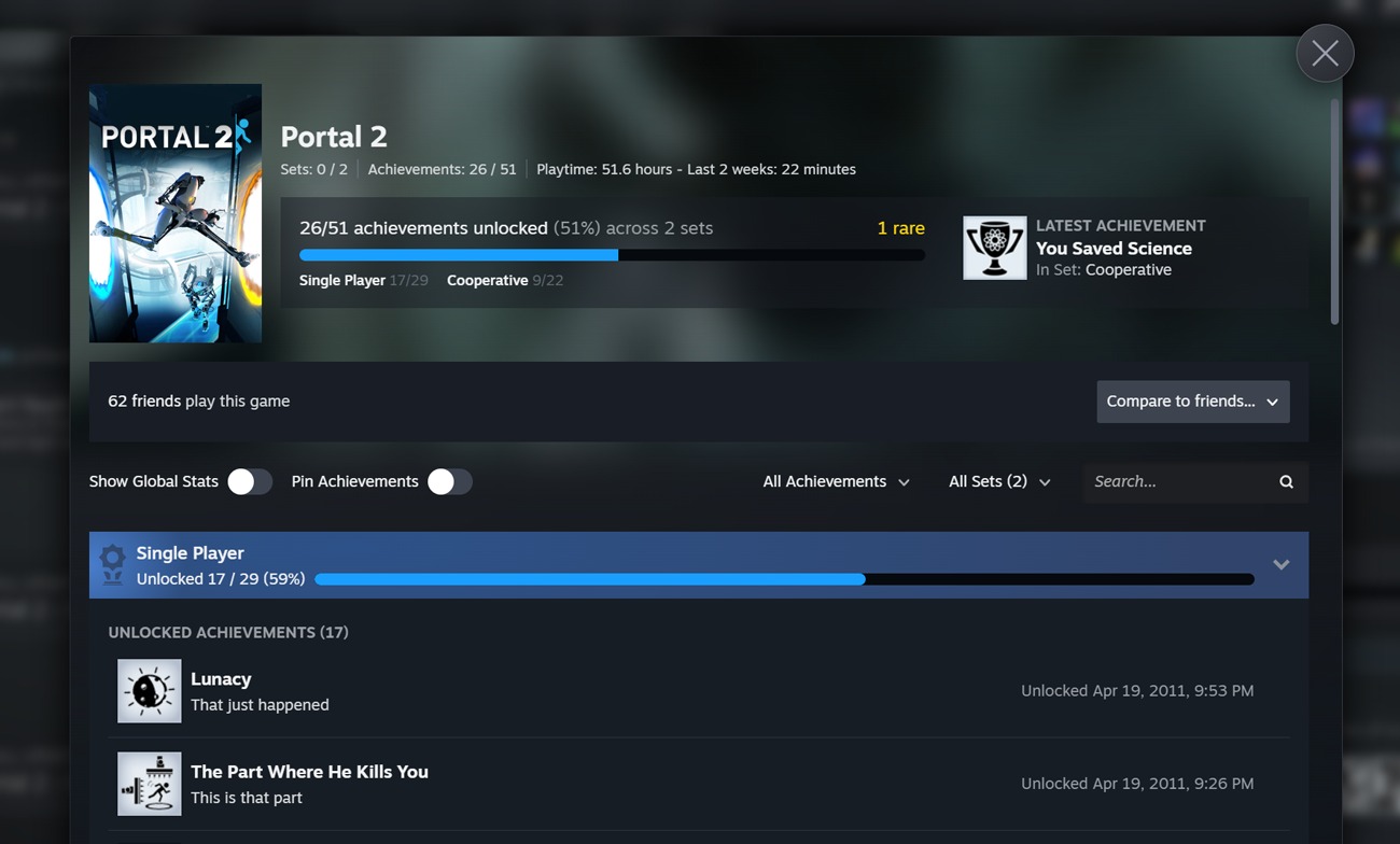 Neue Steam-Achievement-Übersicht von Portal 2 mit Sets für Einzelspieler und Koop