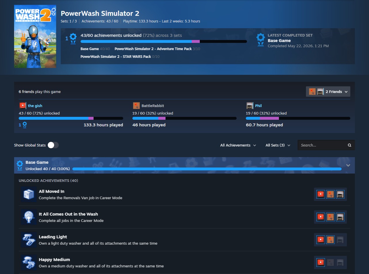 Neue Steam-Achievement-Seite von PowerWash Simulator 2 mit Freundesvergleich