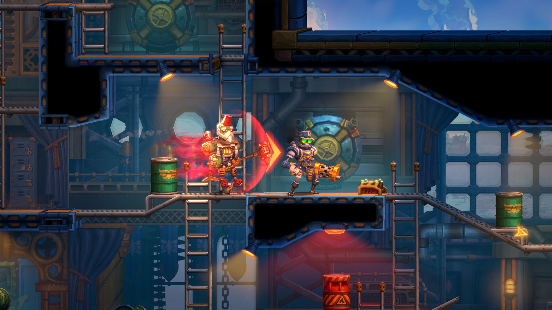 SteamWorld Heist II – Roboter springt durch einen Raum voller Gegner
