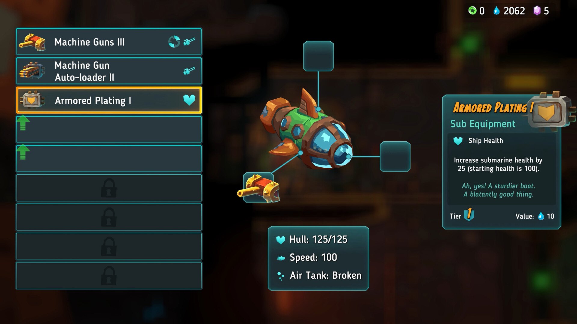 SteamWorld Heist II – Ausrüstungsmenü des U-Boots
