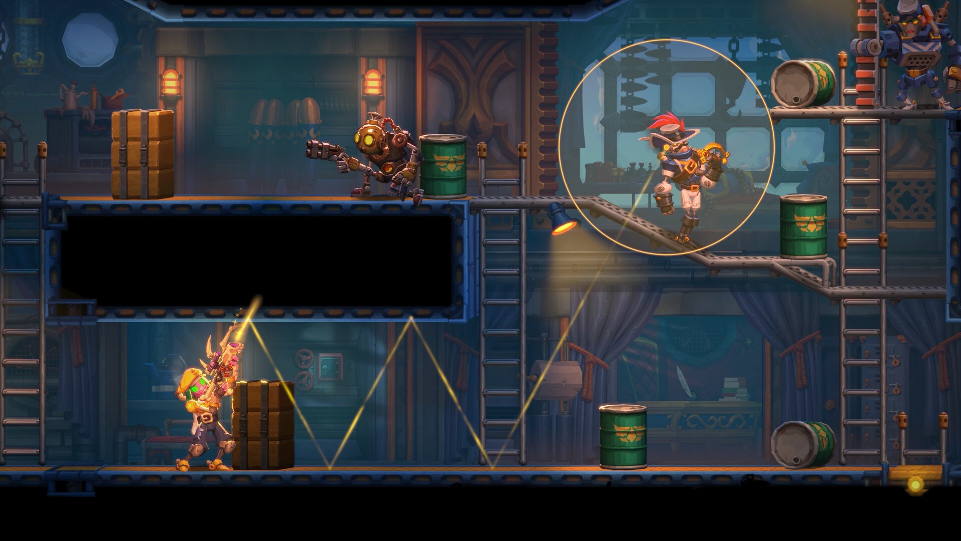 SteamWorld Heist II – Roboter zielt im Inneren eines Schiffs