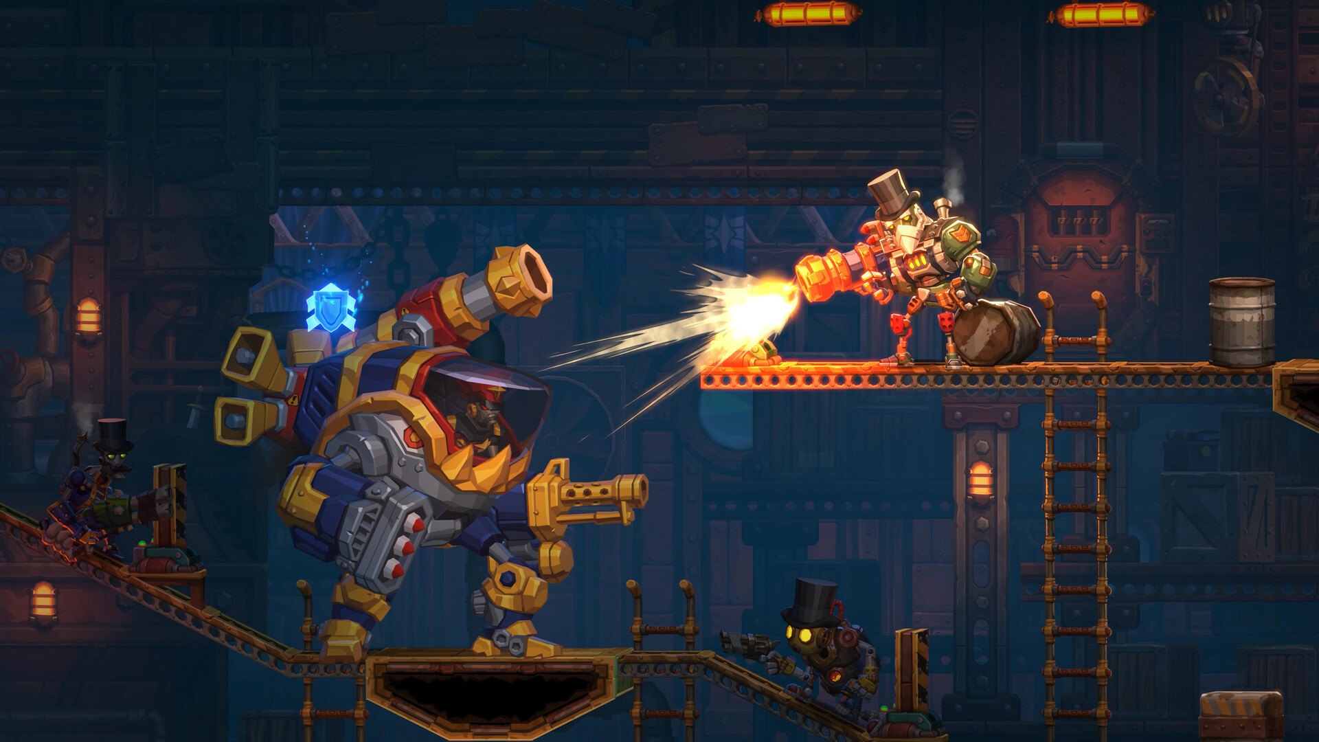 SteamWorld Heist II – Großer Kampfroboter feuert auf die Crew