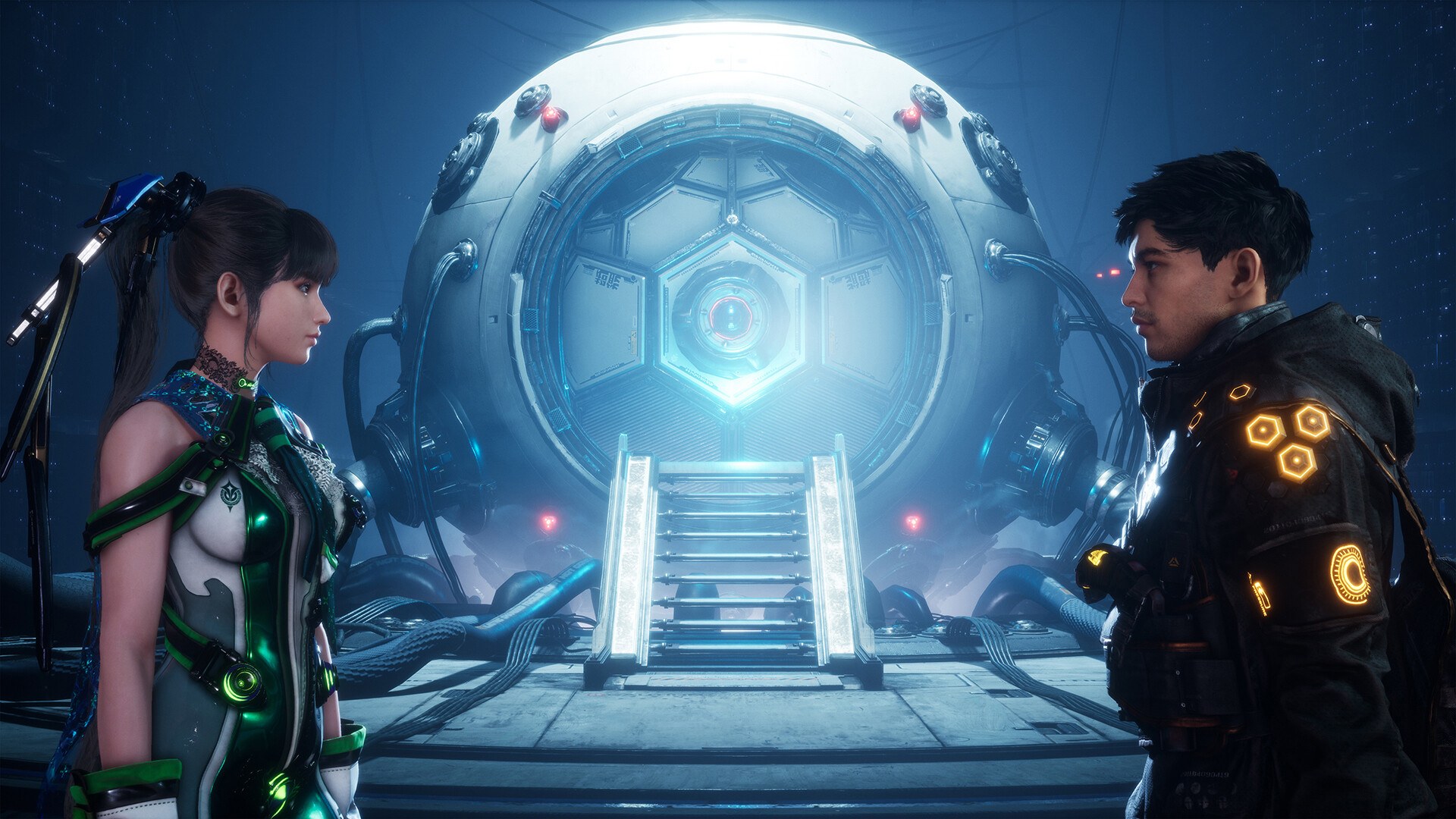 Stellar Blade – Eve und Adam vor einer Kapsel