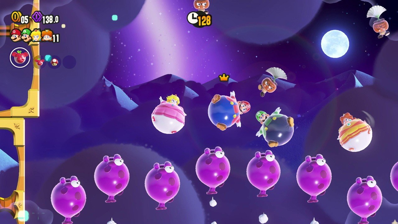 Super Mario Bros. Wonder – Figuren schweben als Ballons durch die Nacht