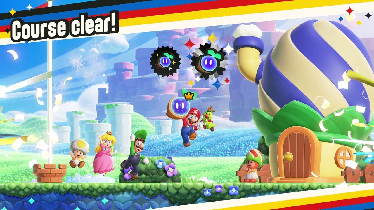 Super Mario Bros. Wonder – Mehrspieler-Gruppe am Ende eines Levels