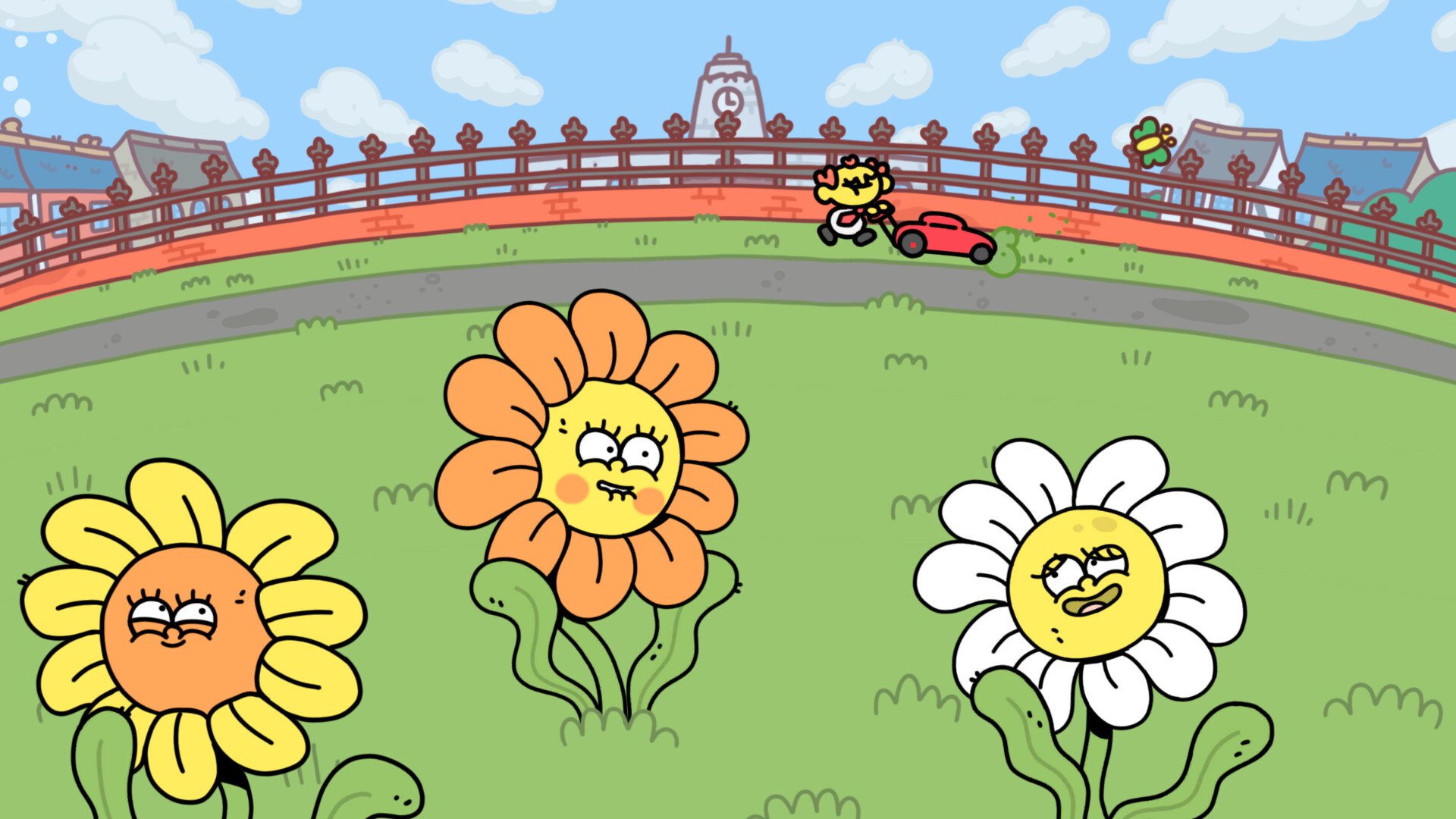 Thank Goodness You're Here! – Lachende Blumen auf einer Wiese
