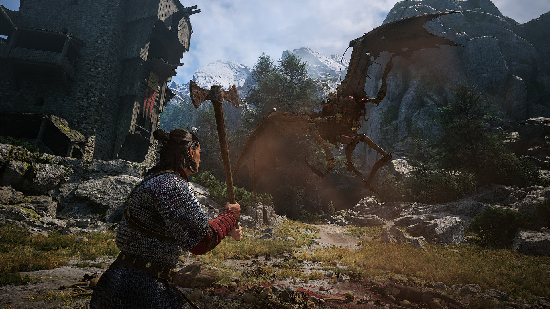 The Blood of Dawnwalker – Coen stellt sich mit der Axt einer riesigen Kreatur in den Bergen