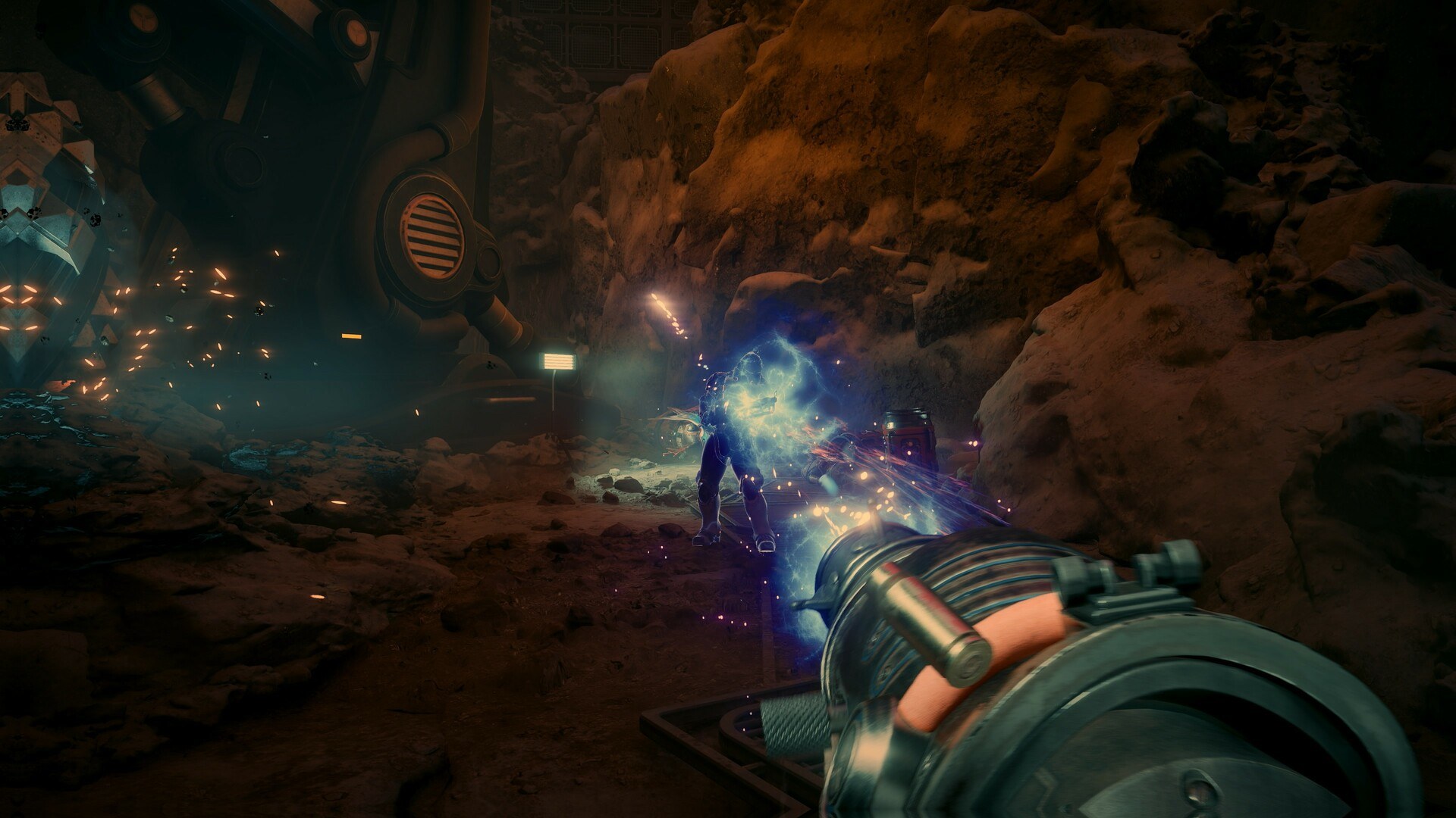 The Outer Worlds 2 – Kampf mit einer Energiewaffe in einer Höhle