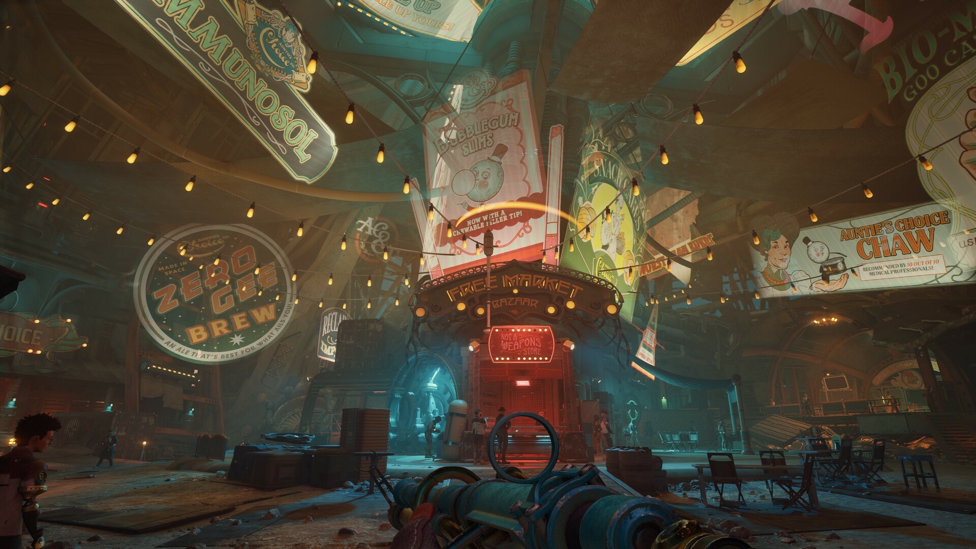 The Outer Worlds 2 – Bunte Bar mit Werbetafeln
