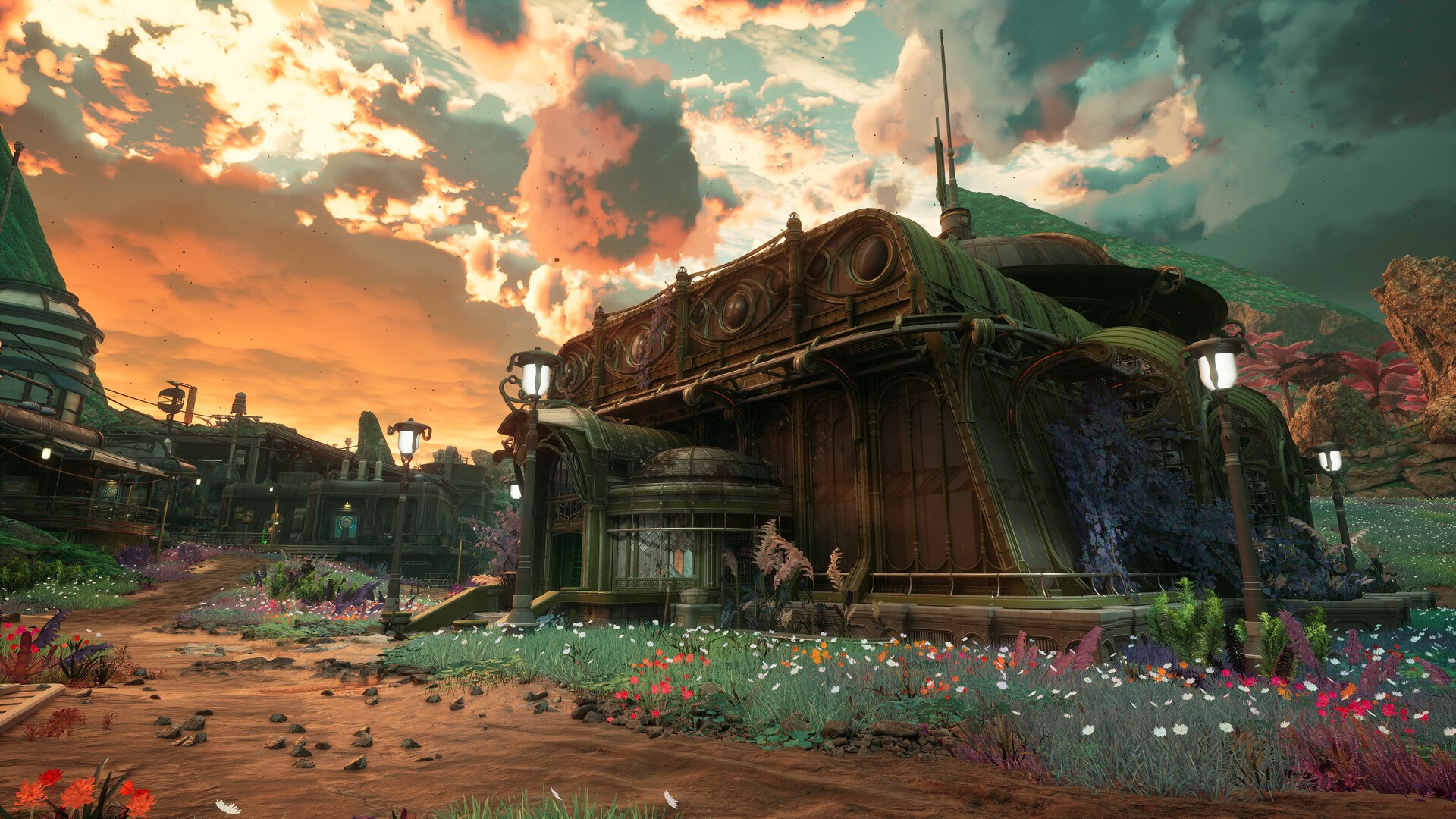 The Outer Worlds 2 – Siedlung in einer Landschaft mit bunten Pflanzen