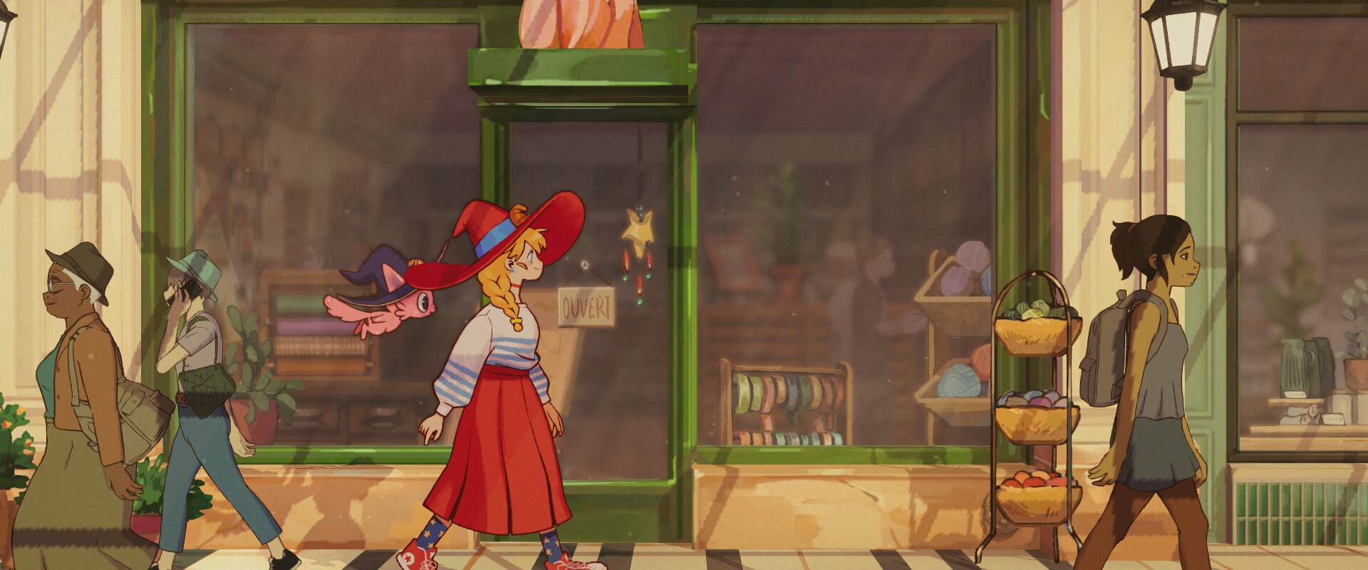 The Witch's Bakery – Lunne und ihr Begleiter Orio laufen an einer Pariser Ladenfront vorbei