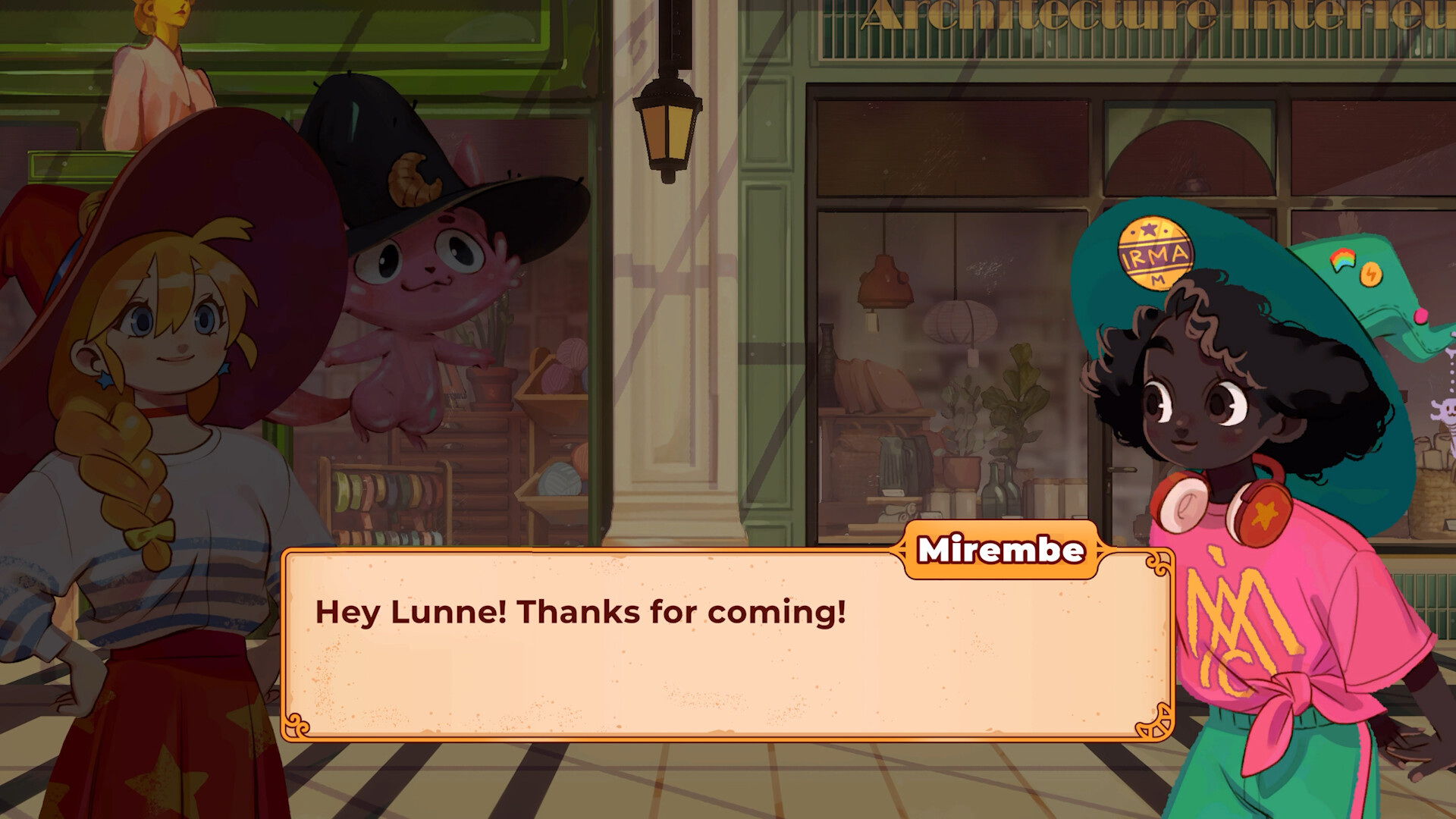 The Witch's Bakery – Lunne begrüßt Mirembe vor der Boulangerie