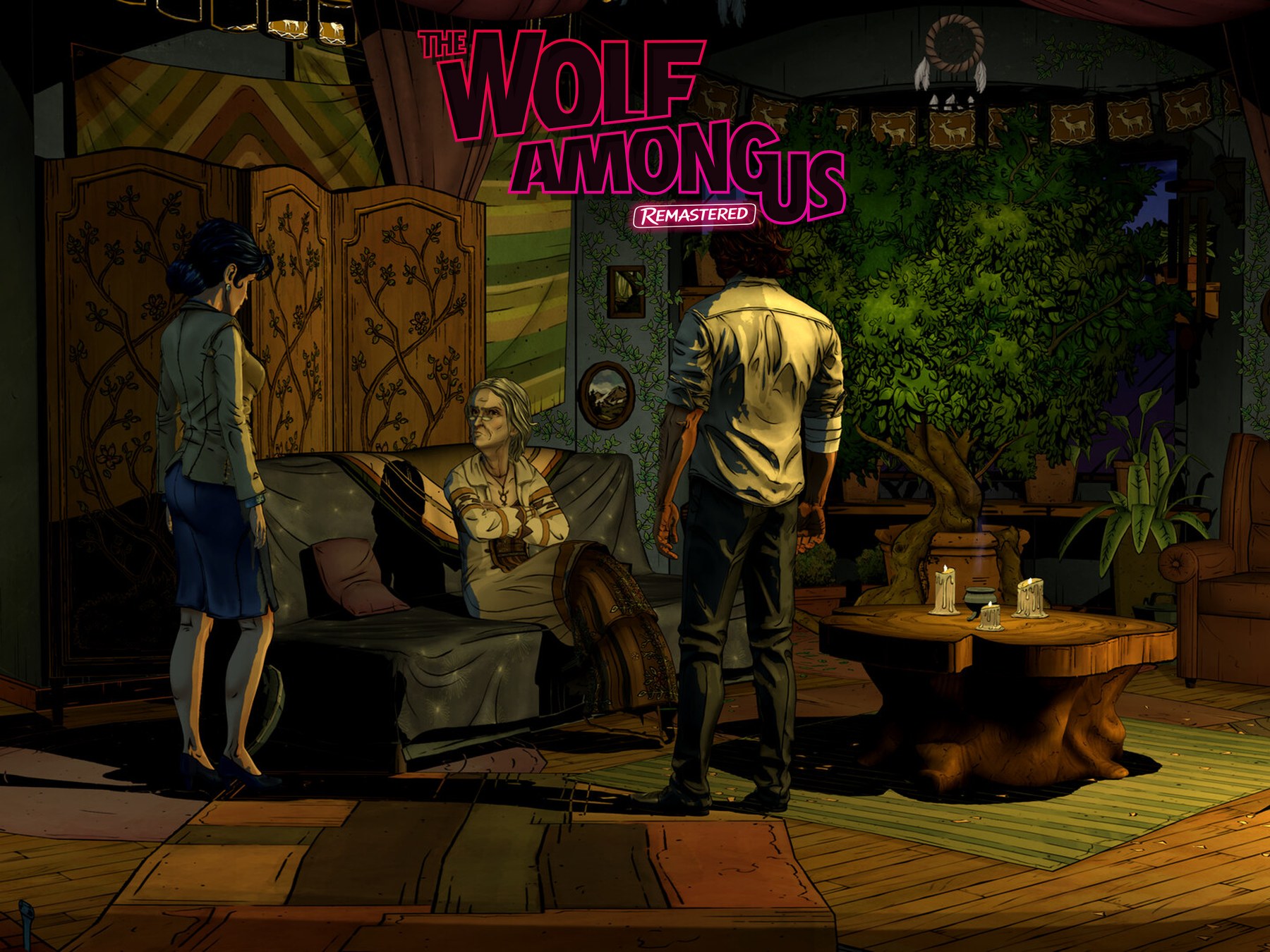 The Wolf Among Us Remastered – Bigby Wolf und Snow White in einer Wohnung in Fabletown mit Spiellogo