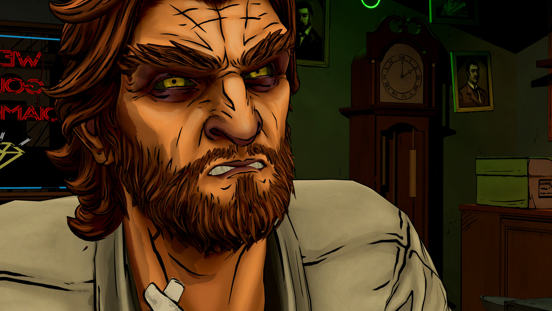 The Wolf Among Us Remastered – Nahaufnahme von Bigby Wolf mit grimmigem Blick