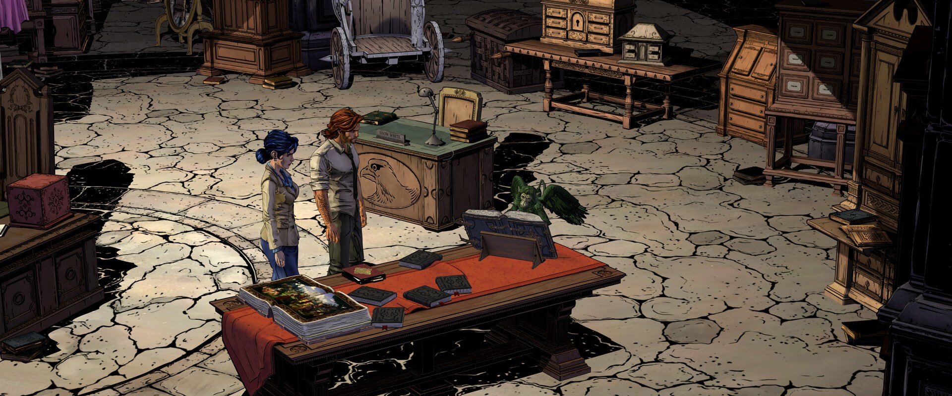 The Wolf Among Us Remastered – Bigby Wolf und Snow White in einem Büro mit Steinboden