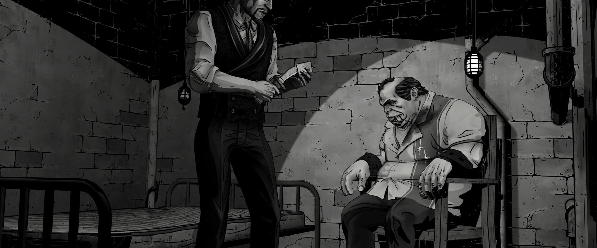 The Wolf Among Us Remastered – Verhörszene im schwarz-weißen Noir-Modus