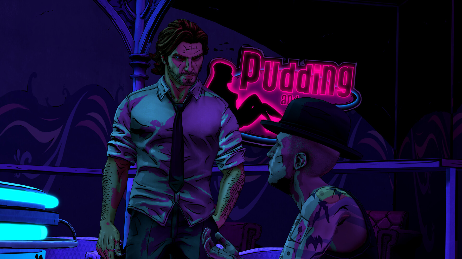 The Wolf Among Us Remastered – Bigby Wolf vor der Neonreklame des Pudding & Pie