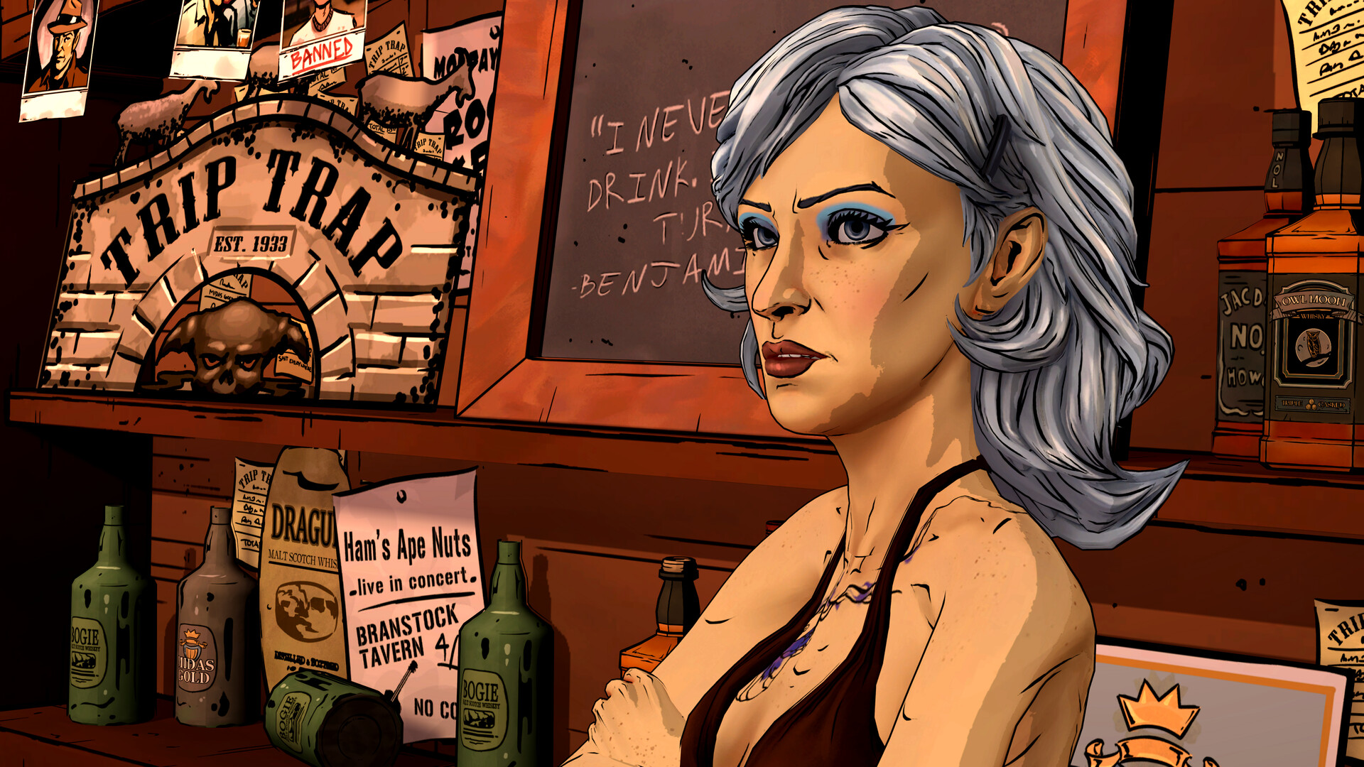 The Wolf Among Us Remastered – Eine Frau mit silbernem Haar in der Bar Trip Trap