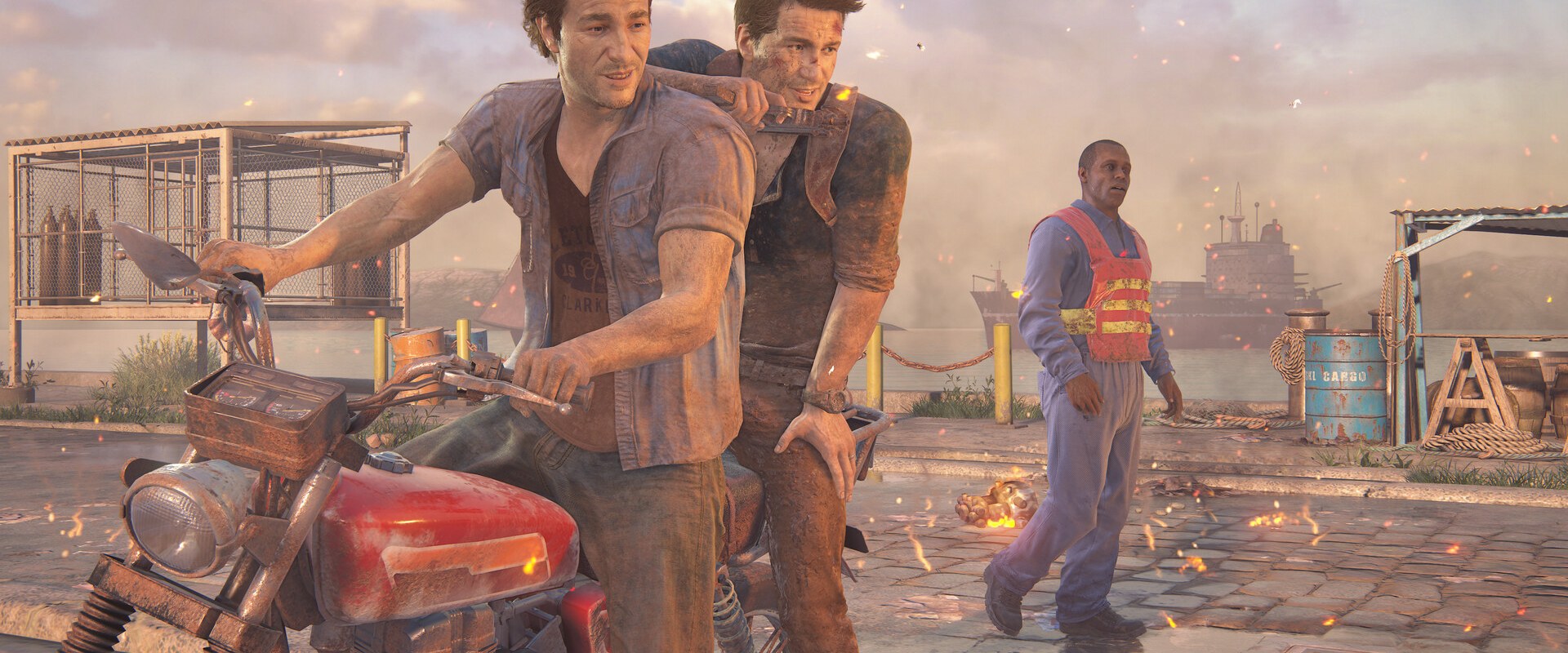 Uncharted 4 – Nathan, Sam und Sully an einem Motorrad