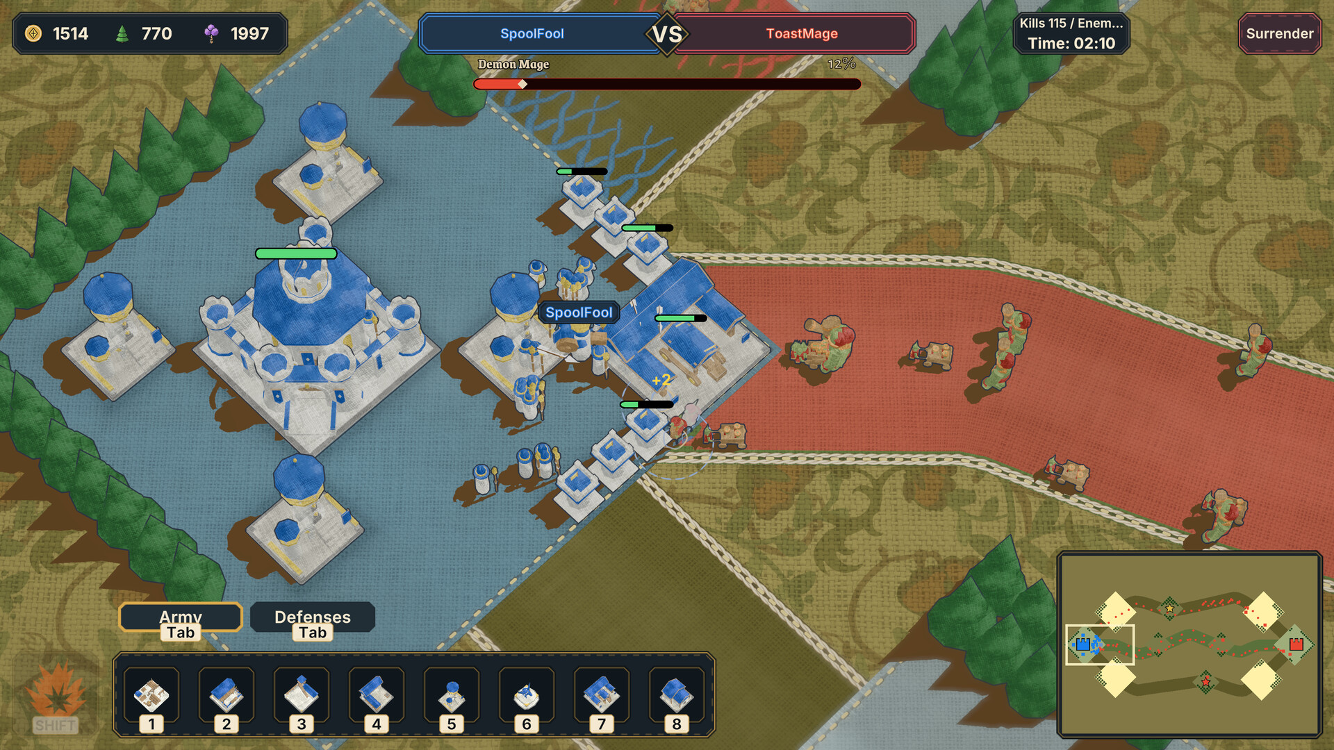 Weavemarch Screenshot: Blaue Festung mit Spawnern an einer Lane auf der Wandteppich-Karte