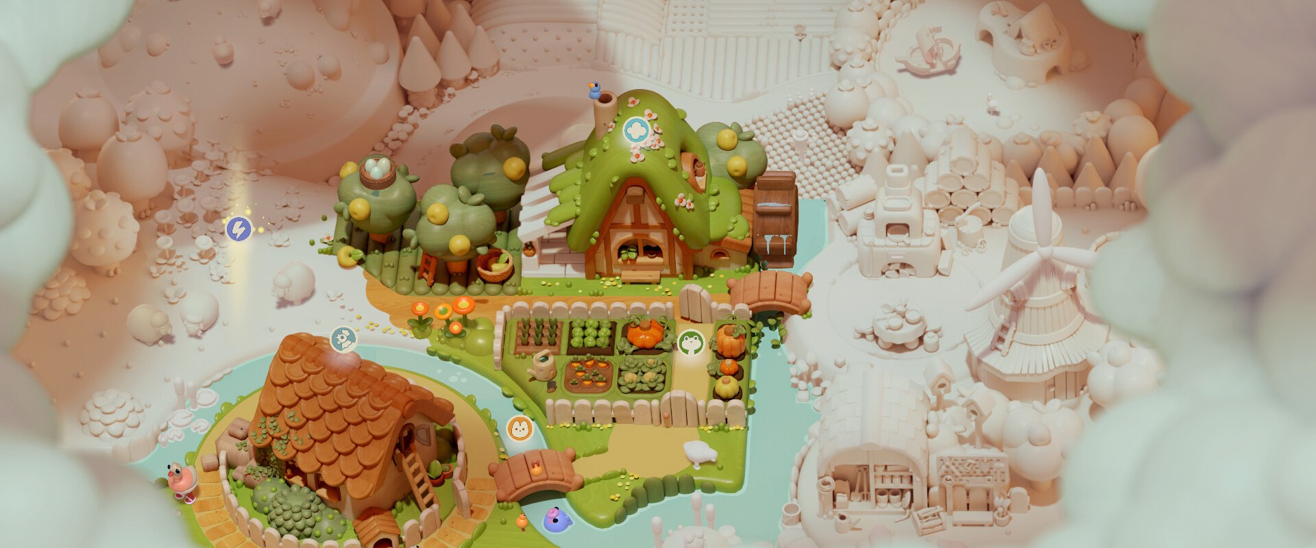 Woodo – Diorama mit Holzhaus und Garten aus der Vogelperspektive