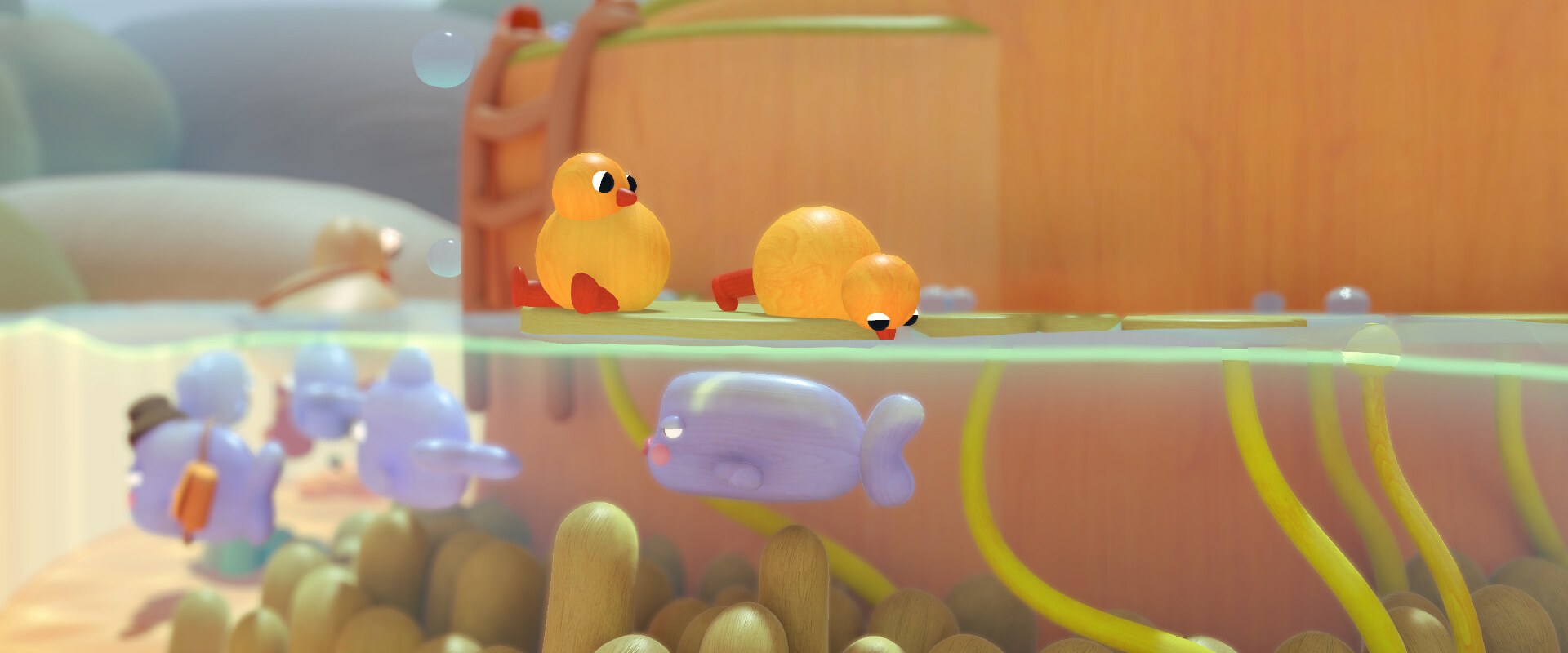 Woodo – Spielzeugenten an einem Wasserlauf aus Holz