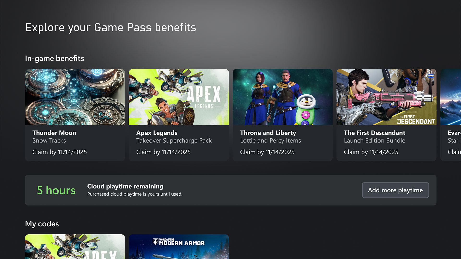 Xbox-Oberfläche mit Anzeige der verbleibenden Cloud-Playtime-Stunden